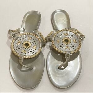 Jack Rogers Sandals Size 10 thongs silver with gold stitching Georgica Jelly